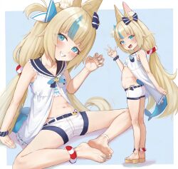 1girl animal_ears barefoot blonde_hair blue_eyes commentary esearu feet highres indie_virtual_youtuber long_hair looking_at_viewer multicolored_hair multiple_views nail_polish navel paid_reward_available sameko_saba shorts smile tail toenail_polish toenails toes