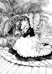 1girl absurdres apron closed_mouth crosshatching dress frilled_apron frills full_body gagaimo greyscale hatching_(texture) highres holding holding_lantern holding_leaf kerosene_lamp lantern leaf long_hair long_sleeves looking_at_viewer maid maid_apron monochrome original outdoors plant ponytail solo squatting traditional_media