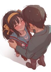 1boy 1girl blazer blue_sailor_collar blue_skirt blush brown_cardigan brown_eyes brown_footwear brown_hair brown_pants cardigan closed_eyes collarbone commentary_request from_above green_jacket hair_ribbon hairband hetero highres jacket kita_high_school_uniform kyon long_sleeves medium_hair open_cardigan open_clothes pants red_ribbon ribbon sailor_collar school_uniform serafuku shadow short_hair simple_background skirt standing suzumiya_haruhi suzumiya_haruhi_no_yuuutsu sweat taiki_(6240taiki) white_background yellow_hairband yellow_ribbon