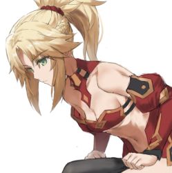1girl bad_id bad_twitter_id bare_shoulders blonde_hair braid breasts cleavage detached_sleeves dressing fate/apocrypha fate_(series) hair_ornament hair_scrunchie juliet_sleeves long_hair long_sleeves mordred_(fate) navel parted_bangs ponytail puffy_sleeves red_scrunchie scrunchie simple_background small_breasts solo thighhighs tonee white_background
