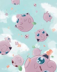absurdres cloud commentary creatures_(company) day falling_leaves floating game_freak gen_1_pokemon gen_2_pokemon green_eyes highres igglybuff jigglypuff leaf mokuzou_(moku_ssbu) nintendo no_humans open_mouth outdoors pokemon pokemon_(creature) signature sky symbol-only_commentary wind