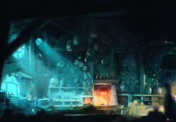 aymeric_kevin cauldron chair commentary cooking_pot english_commentary fire fireplace french_commentary frying_pan indoors interior kitchen mantle matryoshka_doll night no_humans original plant potted_plant round_window scenery table utensil_rack vase window wooden_beam
