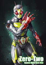 Rule 34 | 1boy, absurdres, armor, character name, commentary request, rider belt, fish.boy, full body, glowing, glowing eyes, highres, kamen rider, kamen rider 01 (series), kamen rider zero-two, looking at viewer, male focus, open hands, red eyes, rising hopper, scarf, solo, tokusatsu, zero two driver
