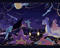 awai_(pixiv29777040) bruxish chinchou creatures_(company) game_freak gen_1_pokemon gen_2_pokemon gen_3_pokemon gen_7_pokemon gyarados horsea lapras nintendo no_humans ocean pokemon pokemon_(creature) purple_sky remoraid ship sinking sky slowking starmie watercraft waves