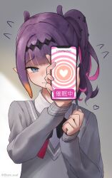 absurdres blue_eyes blush cellphone commentary elsten grey_sweater heart highres holding holding_phone hololive hololive_english hypnosis_app ninomae_ina&#039;nis phone pointy_ears purple_hair shirt side_ponytail smartphone sweater symbol-only_commentary upper_body virtual_youtuber white_shirt