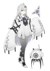 1girl 1other absurdres ahoge aurilia_(user_8748) bandage_over_one_eye chest_protector detached_sleeves dress drone full_body grey_dress grey_eyes grey_hair grey_pantyhose grey_sleeves hair_between_eyes hair_ornament hair_over_shoulder highres long_hair looking_at_viewer messy_hair no._21:_xxi_(pgr) no._21_(pgr) no._21&#039;s_buddy_(pgr) non-humanoid_robot one-eyed pale_skin pantyhose parted_lips punishing:_gray_raven radio_antenna robot short_dress sidelocks sleeves_past_fingers sleeves_past_wrists suspenders torn_clothes torn_pantyhose unkempt very_long_hair white_background x_hair_ornament