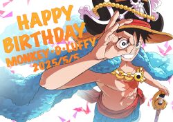1boy abs bare_arms beads birthday black_eyes black_hair blue_coat blue_shorts chain chain_necklace character_name coat coat_on_shoulders commentary cross_scar dated english_commentary facial_scar fur-trimmed_coat fur-trimmed_shorts fur_trim grin happy_birthday hat highres jewelry looking_at_viewer looking_through_fingers male_focus monkey_d._luffy necklace one_piece pirate_hat planted planted_sword planted_weapon red_sash sash scar scar_on_cheek scar_on_chest scar_on_face shorts skull_necklace smile solo straw_hat sword temmye_001 upper_body weapon