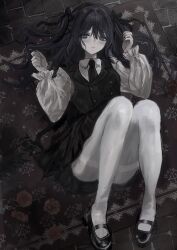 1girl akai_ringo_(eveyuno) black_dress black_gloves black_headdress blush convenient_leg curly_hair dress gloves grey_eyes hair_between_eyes hair_over_shoulder highres lolita_fashion long_hair looking_at_viewer makeup mascara non-web_source original pantyhose puffy_sleeves simple_background smile smug solo thighband_pantyhose upper_body white_background