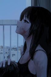 2girls absurdres bare_shoulders black_bra black_hair blood blood_on_body blood_on_face blue_eyes blue_sky bra breasts building city cleavage commentary dawn eyelashes from_side half-closed_eyes hand_on_another&#039;s_head highres long_hair multiple_girls original profile railing sakiika0513 sky small_breasts solo_focus underwear