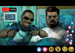 Rule 34 | 2boys, a-train (the boys), absurdres, armor, beard, bed, billy butcher, black hair, bloodshot eyes, blue bodysuit, bodysuit, cardiogram, costume, dark-skinned male, dark skin, emoji, facial hair, fingerless gloves, gloves, heart, hieumay, highres, hospital bed, livestream, male focus, multiple boys, scene reference, shirt, short hair, smile, sunglasses, the boys, thumbs up, very dark skin, white shirt