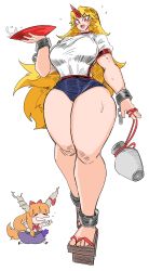 Rule 34 | 2girls, absurdres, bamman, barefoot, barefoot sandals (jewelry), blonde hair, blue buruma, blush, breasts, buruma, chain, cuffs, cup, curvy, fang, geta, gourd, highres, horns, hoshiguma yuugi, huge breasts, ibuki suika, long hair, long legs, multiple girls, open mouth, red eyes, red horns, ribbon, sakazuki, shackles, shirt, single horn, smile, standing, sweat, tagme, tall female, thick thighs, thighs, touhou, white shirt, wide hips