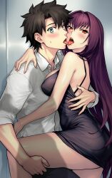 1boy 1girl armpit_crease ass black_dress blue_eyes blush breasts dress dynamitenatalia fate/grand_order fate_(series) french_kiss from_side fujimaru_ritsuka_(male) hetero highres kiss large_breasts looking_at_viewer purple_hair red_eyes scathach_(fate) shirt short_dress sweat thigh_grab thighs tongue tongue_out white_shirt