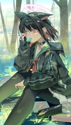 1girl absurdres animal_ears black_choker black_hair black_pantyhose blue_archive breasts cat_choker cat_ears choker colored_inner_animal_ears colored_inner_hair eating extra_ears food green_sailor_collar hair_ornament halo highres hood jacket kazusa_(blue_archive) long_sleeves macaron multicolored_hair omurice_(304975636) pantyhose pink_hair pink_halo red_eyes sailor_collar short_hair skirt two-tone_hair