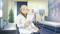 1girl 2boys accelerator_(toaru_majutsu_no_index) age_difference ahoge albino bald brown_hair cane choker heaven_canceller holding holding_paper indoors lab_coat last_order_(toaru_majutsu_no_index) multiple_boys official_art old old_man paper plant potted_plant shirt sitting striped_clothes striped_shirt third-party_source toaru_majutsu_no_index toaru_majutsu_no_index:_imaginary_fest white_hair