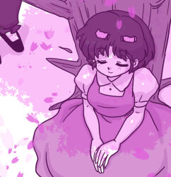 Rule 34 | 1girl, 1other, blush, closed eyes, fuurinkan high school uniform, lowres, ranma 1/2, school uniform, shadow, short hair, smile, tendou akane, tree, wanta (futoshi)