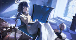 1girl absurdres black_hair black_shirt blue_archive blue_neckerchief book cardigan chair closed_eyes hair_between_eyes hairband highres holding holding_book long_hair long_skirt low_twintails neckerchief on_chair open_mouth purple_hairband shirt sitting skirt solo super_h2o turtleneck turtleneck_shirt twintails ui_(blue_archive) white_shirt white_skirt yawning yellow_cardigan