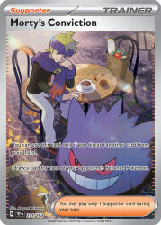 1boy artist_name bag berry_(pokemon) bird black_shoes black_sweater blonde_hair card_(medium) chair character_name closed_mouth company_name copyright_name copyright_notice cup drink english_text gen_1_pokemon gengar grin headband leaf long_sleeves male_focus mizutani_megumi morty_(pokemon) nintendo official_art pants paper_bag pidgey plate pokemon pokemon_card pokemon_hgss pokemon_tcg purple_eyes purple_headband purple_scarf scarf shoes short_hair sitting smile sunlight sweater table tamato_berry teacup teeth third-party_source trading_card white_pants