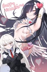 Rule 34 | 2girls, alternate costume, arm up, armpits, bare shoulders, black hair, breasts, counter:side, crossed arms, elbow gloves, gloves, hair ornament, happy valentine, heart, highres, hilde (counter:side), long hair, long sleeves, medium breasts, mimiou, multiple girls, red eyes, rosaria le friede, sweatdrop, vietnamese commentary, white gloves, yellow eyes