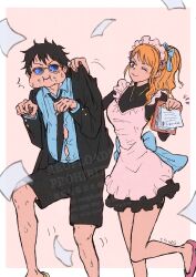 1boy 1girl ^^^ apron bare_legs black_dress black_hair black_jacket black_necktie black_shorts blue_ribbon blue_skirt blush cheek_bulge closed_mouth collared_shirt commentary_request dress earrings facial_scar falling_paper feet_out_of_frame food food_on_face foot_up frilled_apron frilled_dress frills hair_ribbon high_ponytail highres holding jacket jewelry long_hair long_sleeves looking_at_another maid maid_apron maid_headdress monkey_d._luffy nami_(one_piece) narrow_waist necklace necktie ninnin5tora official_alternate_costume one_eye_closed one_piece open_clothes open_jacket orange_hair paper pink_shoes ponytail ribbon scar scar_on_cheek scar_on_face shirt shoes shorts skirt smile sunglasses sweatdrop white_apron