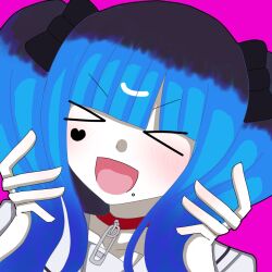 &gt;_&lt; 1girl amemiya_darumi black_hair blue_hair blush collar collarbone face_piercing female_focus grabbing_own_hair hands_up heart highres lip_piercing long_hair multicolored_hair open_mouth piercing pink_background safety_pin simple_background solo solo_focus the_hundred_line_-last_defense_academy- twintails