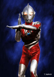 Rule 34 | 1boy, absurdres, alien, artist name, black background, blue background, color timer, colored skin, commentary, cowboy shot, dark background, glowing, glowing eyes, highres, kaneko taiki, looking at viewer, male focus, multicolored skin, orange eyes, red skin, retro artstyle, science fiction, signature, silver skin, tokusatsu, ultra beam, ultra series, ultraman, ultraman (1st series)