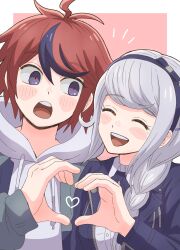1boy 1girl :d :o ^_^ ahoge black_hairband black_jacket black_ribbon black_streaks blue_eyes blush border braid closed_eyes collared_shirt grey_hair grey_jacket hairband heart heart_hands heart_hands_duo heart_in_heart_hands hetero highres hood hoodie jacket jacket_over_hoodie kirifuji_nozomi long_hair multicolored_hair neck_ribbon open_mouth outside_border red_background red_hair ribbon shirt short_hair simple_background smile ss_100010 streaked_hair sumino_takumi teeth the_hundred_line_-last_defense_academy- upper_body upper_teeth_only white_border white_hoodie white_shirt