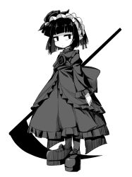 1girl blunt_bangs blunt_ends bob_cut dress flower frown full_body fun_bo gothic_lolita greyscale hairband half-closed_eyes holding holding_scythe juliet_sleeves lolita_fashion lolita_hairband long_sleeves monochrome original pantyhose puffy_sleeves rose scythe sideways_glance simple_background solo standing white_background