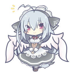 Rule 34 | 1girl, antenna hair, apron, black dress, black ribbon, boots, breasts, brown boots, chibi, dress, emil chronicle online, frilled dress, frilled hairband, frills, hair ribbon, hairband, homurabi, long hair, maid, maid apron, maid headdress, medium breasts, mitama kyrie, own hands clasped, own hands together, red eyes, red ribbon, ribbon, smile, very long hair, white background, white wings, wings