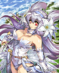 10s 1girl 2013 bare_shoulders blue_hair breasts bridal_gauntlets character_request cleavage dated female_focus flower hair_flower hair_ornament hairband harem_gain hisahiko large_breasts long_hair looking_at_viewer official_art original red_eyes smile solo sword trademark watermark weapon