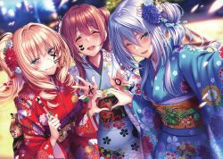 Rule 34 | 3girls, absurdres, blonde hair, blue eyes, blush, brown hair, closed eyes, day, fingernails, floral print, hair ornament, hanikami kanojo, heart, heart hands, heart hands duo, highres, holding, huge filesize, itou shizuka, japanese clothes, kimono, lips, long hair, long sleeves, looking at viewer, mole, mole under eye, mole under mouth, multiple girls, noto mamiko, obi, one eye closed, open mouth, outdoors, paintbrush, piromizu, sash, scan, smile, wide sleeves, yukana