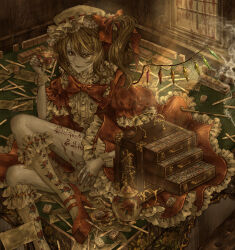 1girl absurdres blonde_hair blood blood_on_leg blood_on_window body_writing bow bowtie box chair commentary_request crystal_wings cup dirty dress flandre_scarlet floral_print floral_print_socks frilled_dress frills gambling gem hair_bow hat high_heels highres holding holding_cup jewelry mahjong mahjong_table mahjong_tile maruyamaboukyo medium_hair mob_cap money multicolored_wings on_table red_bow red_bowtie red_dress red_eyes red_gemstone red_nails red_ribbon red_shoes ribbon ring saucer shoes side_ponytail sitting smile smoking_pipe socks solo table teacup teapot touhou white_hat white_socks white_wrist_cuffs window wings wrist_cuffs