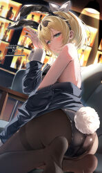 1girl absurdres alternate_costume animal_ears ass black_hairband black_jacket black_leotard black_pantyhose blonde_hair bow fake_animal_ears feet green_eyes hairband highres hololive jacket kakeru_(kakekaker001) kazama_iroha leotard off_shoulder pantyhose playboy_bunny pout rabbit_ears rabbit_tail soles sweat tail virtual_youtuber white_bow wrist_cuffs