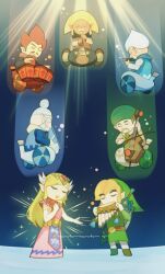 1girl 6+boys biwa_lute caben_(zelda) cello closed_eyes derivative_work dress drum embrose_(zelda) floating flute full_body gage_(zelda) green_hat green_tunic hat highres instrument levitation link long_dress lute_(instrument) magic maruta_maruta multiple_boys music nintendo oboe pan_flute playing_instrument princess_zelda rael_(zelda) screenshot_redraw singing steem_(zelda) the_legend_of_zelda the_legend_of_zelda:_spirit_tracks toon_link toon_zelda tunic