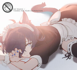 1boy animal_ears apron black_shirt blue_hair blue_nails cat_boy cat_ears cat_tail chinese_commentary claw_pose crossdressing crossed_arms english_text grey_eyes hair_over_one_eye kaede1231 lying maid maid_apron maid_headdress male_focus male_maid nail_polish no_entry_sign on_floor on_stomach persona persona_3 road_sign shirt short_hair sign solo sun_glare tail yuuki_makoto_(persona_3)