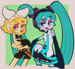 2girls aqua_belt aqua_eyes aqua_hair aqua_necktie bare_shoulders belt black_choker black_footwear black_sailor_collar black_shorts black_skirt black_sleeves blonde_hair blue_eyes blush_stickers boots bow cartoonized choker colored_skin contrapposto crossed_arms detached_sleeves eyeshadow flat_chest grey_skin hair_bow hair_ornament hairclip half-closed_eye hand_on_own_hip hatsune_miku headphones headset kagamine_rin long_hair looking_at_viewer makeup midriff multiple_girls neckerchief necktie noodle_arms number_tattoo orange_belt pac-man_eyes pale_skin parody pink_lips pleated_skirt raised_eyebrow red_lips sailor_collar shirt short_hair shorts shoulder_tattoo sideways_mouth skinny skirt sleeveless sleeveless_shirt smile style_parody sweet_asukal tattoo thigh_boots thighhighs toon_(style) trolls_(series) twintails twitter_username two-tone_belt very_long_hair vocaloid white_bow white_shirt yellow_neckerchief