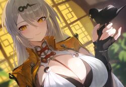 1girl absurdres bird bird_on_hand black_bird black_gloves breasts closed_mouth collar commentary dutch_angle gloves grey_hair hair_ornament highres jacket large_breasts light_blush light_smile long_hair looking_at_viewer mole mole_on_breast partially_fingerless_gloves portrait solo white_collar yellow_eyes yellow_jacket yi_xuan_(zenless_zone_zero) yonesdraws zenless_zone_zero