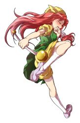 1girl alphes_(style) ass bare_arms blush closed_mouth commentary_request dairi floating_hair from_side full_body hair_ribbon hat holding kneehighs large_variant_set leg_up loafers long_hair orange_(touhou) parody puffy_short_sleeves puffy_sleeves red_hair ribbon shirt shoes short_sleeves shorts socks solo standing standing_on_one_leg style_parody touhou touhou_(pc-98) transparent_background twirl_baton variant_set white_ribbon white_socks yellow_hat yellow_shirt yellow_shorts