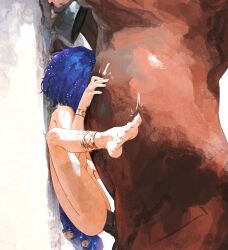 1girl against_wall animal_penis anklet barefoot bestiality blue_hair borrowed_character bracelet butterchalk character_request commentary english_commentary highres horse horse_penis jewelry loli nude original penis sex short_hair soles tail toes uncensored x-ray