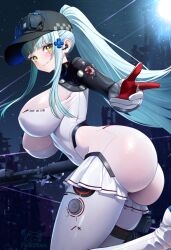 Rule 34 | 1girl, absurdres, ass, baseball cap, black hat, blush, bodysuit, breasts, closed mouth, covered navel, from side, girls&#039; frontline, girls&#039; frontline 2: exilium, gloves, green eyes, gun, hair ornament, hat, highres, hk416 (girls&#039; frontline), holding, holding gun, holding weapon, huge ass, klukai (girls&#039; frontline 2), klukai (speed star) (girls&#039; frontline 2), large breasts, leotard, looking at viewer, looking to the side, official alternate costume, ponytail, sidelocks, smile, solo, studiopokotan, thick thighs, thighs, weapon, white bodysuit, white hair, white leotard