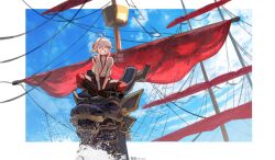 1boy bandaged_arm bandages between_legs cloud commentary day english_commentary genshin_impact grey_hair grin hair_between_eyes hand_between_legs highres instagram_logo japanese_clothes kaedehara_kazuha male_focus mast multicolored_hair outdoors red_hair ryrmcher sail ship sitting sky smile streaked_hair twitter_x_logo water watercraft