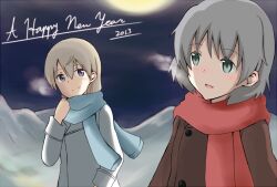 2013 2girls :d blonde_hair breath coat dot_nose eila_ilmatar_juutilainen green_eyes grey_hair grey_scarf happy_new_year mountain multiple_girls new_year night night_sky open_mouth red_scarf sanya_v._litvyak satoshi_(peso727) scarf short_hair sky smile strike_witches winter_clothes winter_coat world_witches_series