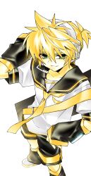 1boy absurdres blonde_hair blue_eyes detached_sleeves headphones highres hynn0x_x kagamine_len leg_warmers necktie ponytail sailor_collar shorts smile solo vocaloid yellow_necktie