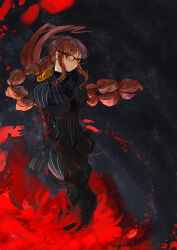 Rule 34 | 1girl, absurdres, arms behind back, black-framed eyewear, black sweater, braid, braided ponytail, breasts, brown hair, closed mouth, commentary, english commentary, fate/grand order, fate (series), floating hair, flower, glasses, highres, jarrchesky, long hair, looking at viewer, medium breasts, red eyes, red flower, sidelocks, solo, striped clothes, sweater, turtleneck, turtleneck sweater, vertical-striped clothes, very long hair, yu mei-ren (fate), yu mei-ren (first ascension) (fate)