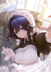 1girl absurdres allister_vinris apron black_dress black_hair blue_eyes braid breasts closed_mouth dress hair_intakes hat highres holding_rag hololive hololive_english indoors instrument long_hair looking_at_viewer low_twin_braids maid_apron mob_cap official_alternate_costume official_alternate_hairstyle ouro_kronii ouro_kronii_(maid) piano pocket_watch reaching reaching_towards_viewer solo twin_braids virtual_youtuber watch white_apron