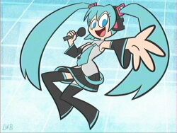 1girl aqua_hair aqua_necktie bare_shoulders black_skirt black_sleeves black_thighhighs blue_eyes cartoonized detached_sleeves eyelashes full_body grey_shirt hair_ornament hatsune_miku headphones highres holding holding_microphone lolwutburger long_hair looking_at_viewer microphone miniskirt necktie outstretched_arm patterned_background pleated_skirt shirt signature skirt sleeveless sleeveless_shirt smile solo standing thick_outlines thighhighs toon_(style) twintails very_long_hair vocaloid white_background zettai_ryouiki