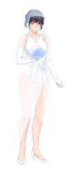 Rule 34 | 1girl, absurdres, alternate costume, amagami, black eyes, black hair, blush, bouquet, breasts, bridal veil, bride, closed mouth, commentary request, competition swimsuit, dress, elbow gloves, flower, full body, gloves, high heels, highleg, highleg one-piece swimsuit, highres, jewelry, large breasts, looking at viewer, necklace, one-piece swimsuit, ponytail, sarong, sasaki akira (ugc), smile, solo, standing, swimsuit, tsukahara hibiki, veil, wedding dress, white background, white one-piece swimsuit