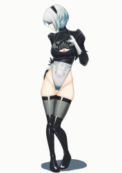 1girl 2b_(nier:automata) black_blindfold black_boots black_hairband black_thighhighs blindfold boots breasts closed_mouth covered_eyes feather-trimmed_sleeves full_body hairband highleg highleg_leotard highres illust_aqua juliet_sleeves large_breasts leotard long_sleeves nier:automata nier_(series) puffy_sleeves short_hair simple_background solo standing thigh_boots thighhighs thighhighs_under_boots white_background white_hair white_leotard