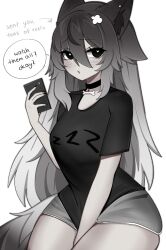 1girl absurdres animal_ear_fluff animal_ears arrow_(symbol) between_legs black_choker black_eyes black_nails black_shirt blush bone_choker breasts bright_pupils cellphone choker clothes_writing colored_skin commentary cowboy_shot english_commentary english_text gradient_hair grey_hair grey_shorts grey_skin hair_between_eyes hand_between_legs heart heart-shaped_pupils highres holding holding_phone long_hair looking_at_viewer multicolored_hair okariin open_mouth original phone shirt short_shorts short_sleeves shorts simple_background smartphone solo speech_bubble symbol-shaped_pupils t-shirt tail talking white_background white_pupils wolf_ears wolf_girl wolf_tail