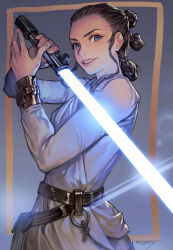 1girl belt blue_eyes blue_lightsaber brown_belt brown_hair energy_sword highres holding holding_sword holding_weapon lightsaber looking_at_viewer morry rey_(star_wars) signature solo star_wars sword tunic weapon white_tunic