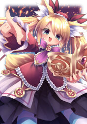animal_ears black_skirt blonde_hair blue_thighhighs book emil_chronicle_online fang fox_ears fox_tail frilled_jacket frills green_eyes hair_ornament highres holding holding_book jacket long_hair mitama_mei neck_ribbon open_mouth purple_ribbon ribbon skirt smug striped_clothes striped_thighhighs tail thighhighs twintails yupi828